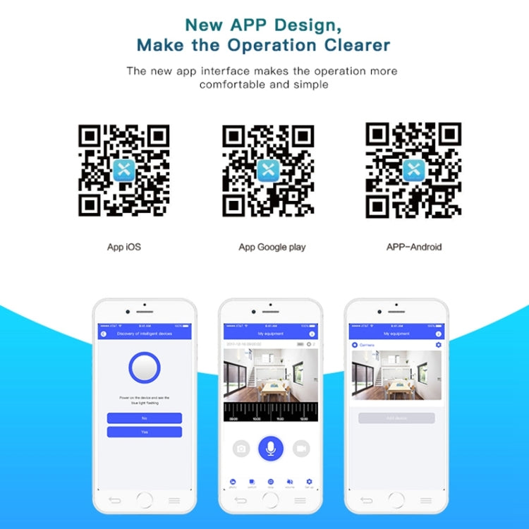 Doorbell app setup screen with QR codes for iOS, Google Play, and Android.