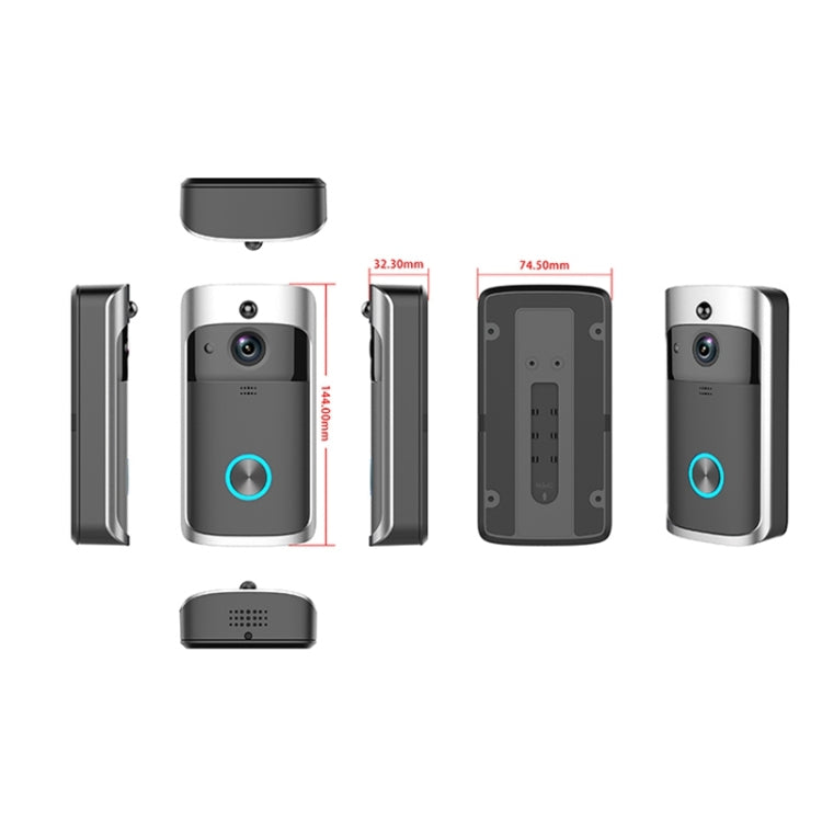 Wi‑Fi video doorbell with front, side, and back views, plus mounting parts