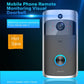 Silver and dark gray Wi‑Fi video doorbell with camera lens and glowing blue ring