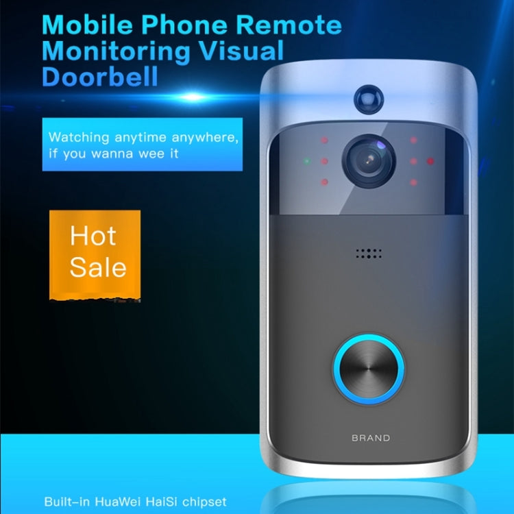 Silver and dark gray Wi‑Fi video doorbell with camera lens and glowing blue ring
