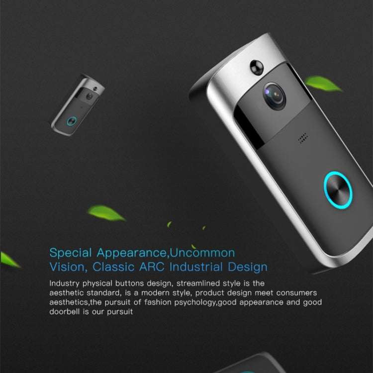 Angled silver Wi‑Fi video doorbell with camera lens and blue ring button