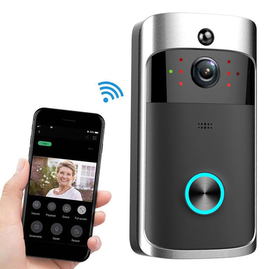 Silver and dark gray Wi‑Fi video doorbell with camera lens and blue ring button