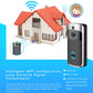 Wi‑Fi video doorbell with camera lens and blue ring button for smart home monitoring