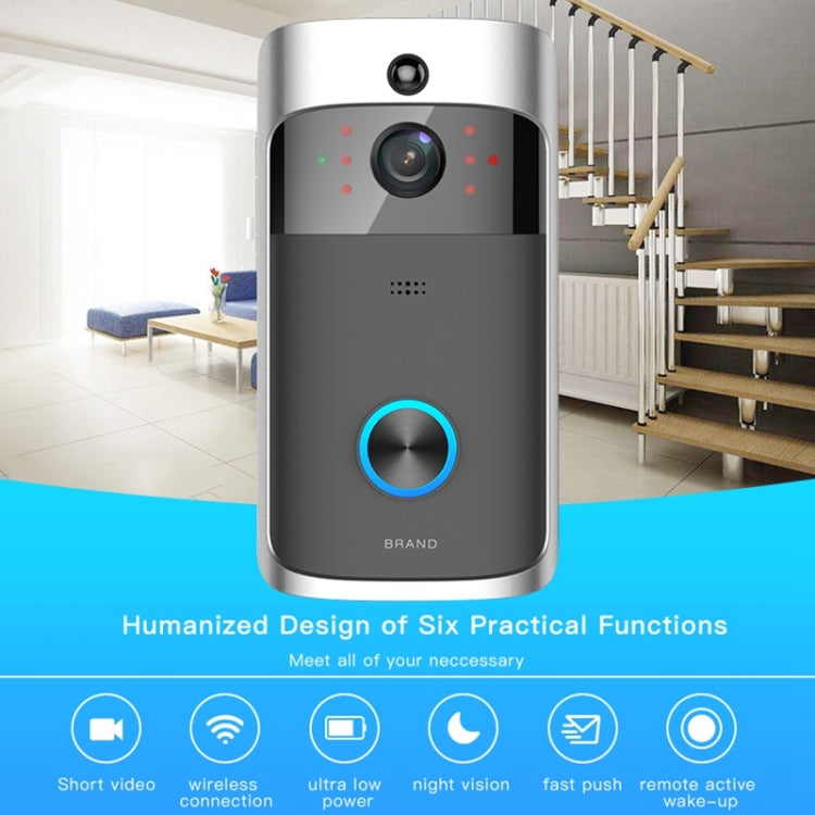 Silver and dark gray Wi‑Fi video doorbell with camera lens and blue ring button
