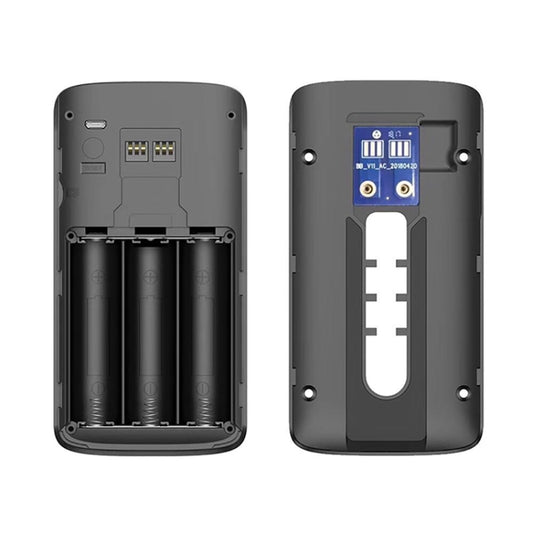 Silver smart doorbell backplate with exposed mounting area and battery compartment slots