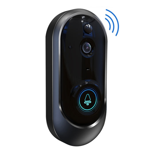 Dark gray smart doorbell camera with glowing doorbell button and Wi‑Fi icon