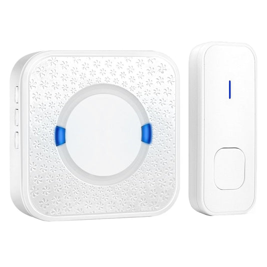 Wireless doorbell receiver and transmitter, white plastic units with blue accents