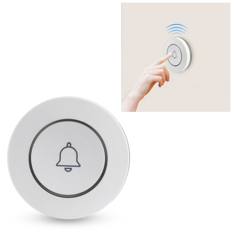 Circular wireless doorbell button, white, with bell icon and raised push center