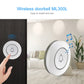 Wireless doorbell button on dark surface with bell icon ring, round white design