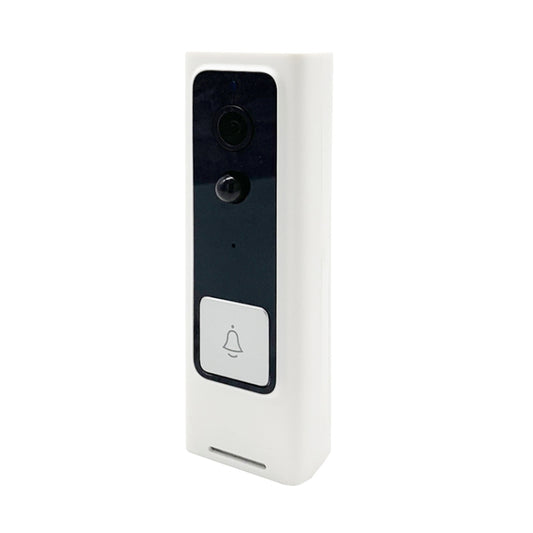 White WiFi video doorbell angled view with camera lens and bell button