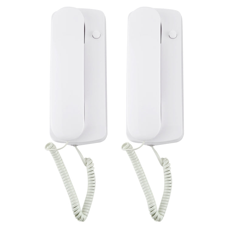 Two white wired intercom doorphones with coiled handset cords