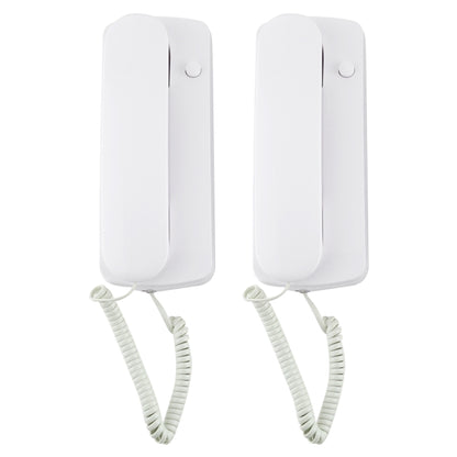 Two white wired intercom doorphones with coiled handset cords