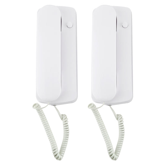 Two white wired intercom doorphones with coiled handset cords