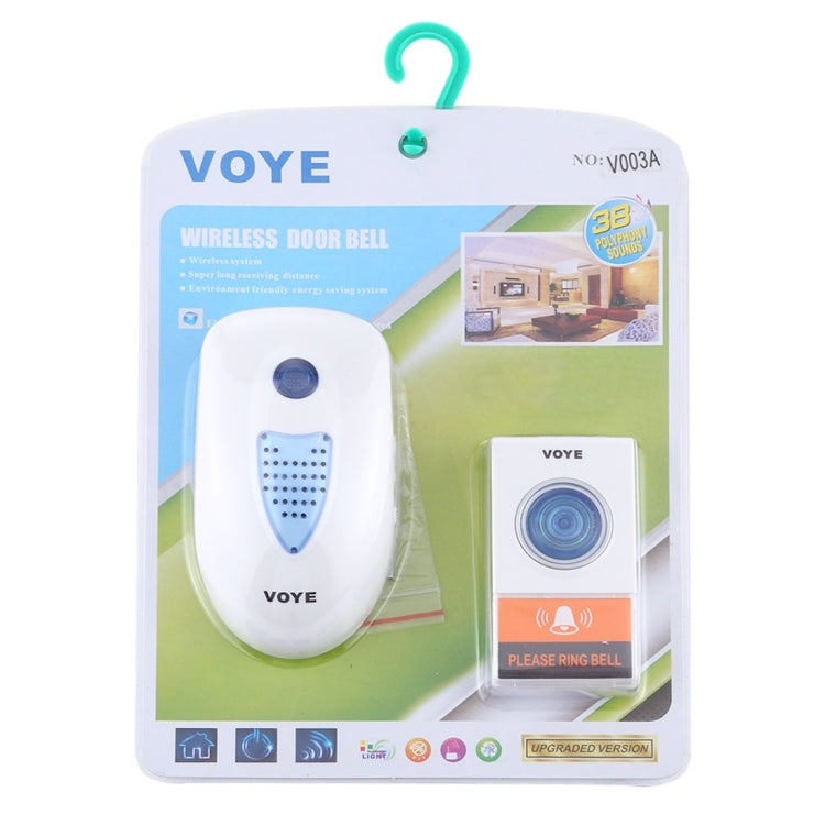 VOYE wireless doorbell kit packaging with white chime and ring bell button