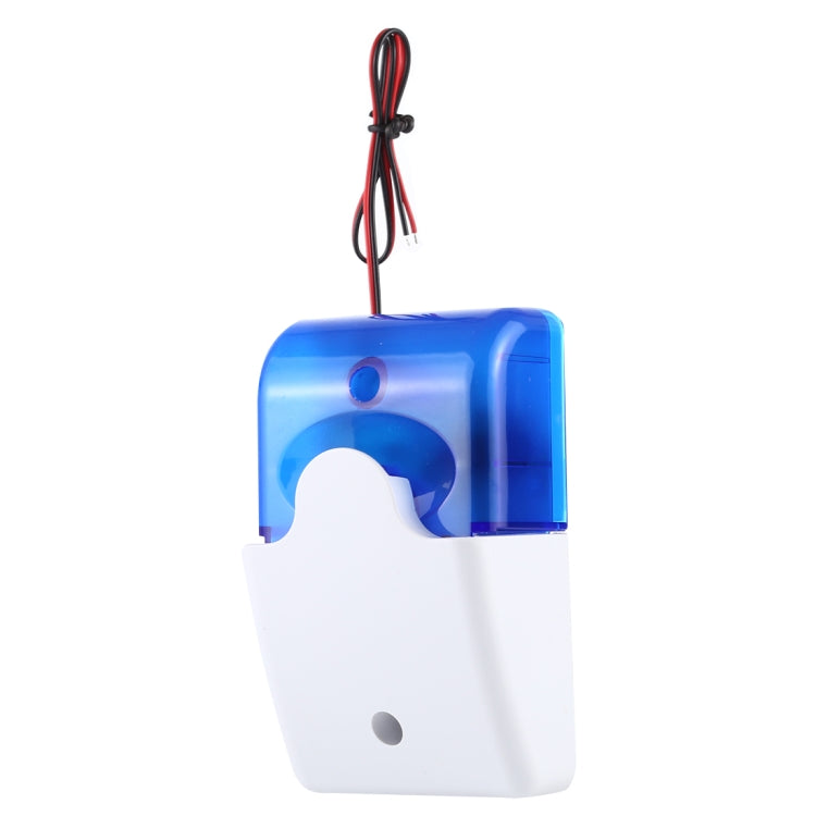 Mini strobe siren alarm system in blue and white housing, red/black wire on top