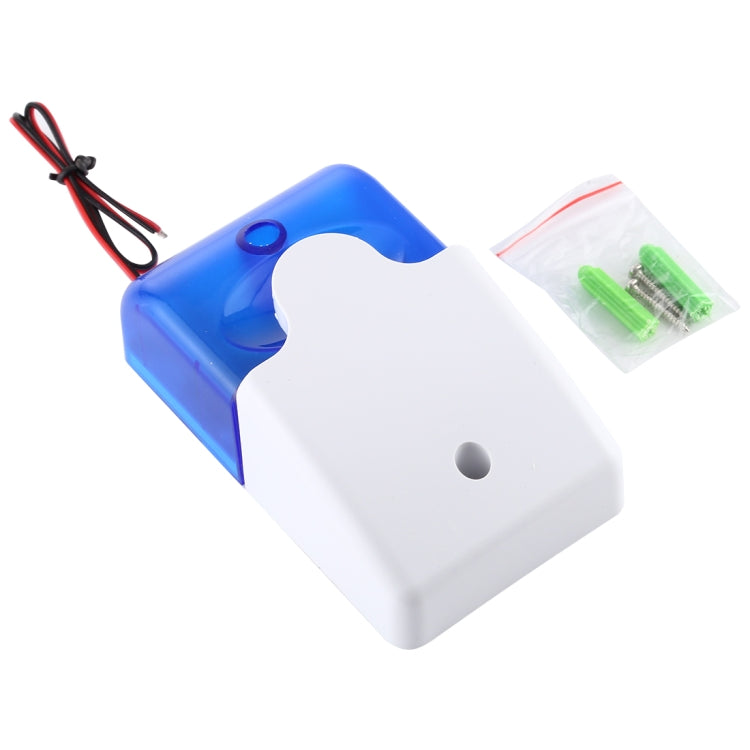 Mini strobe siren alarm system with red/black wiring and small green hardware pack