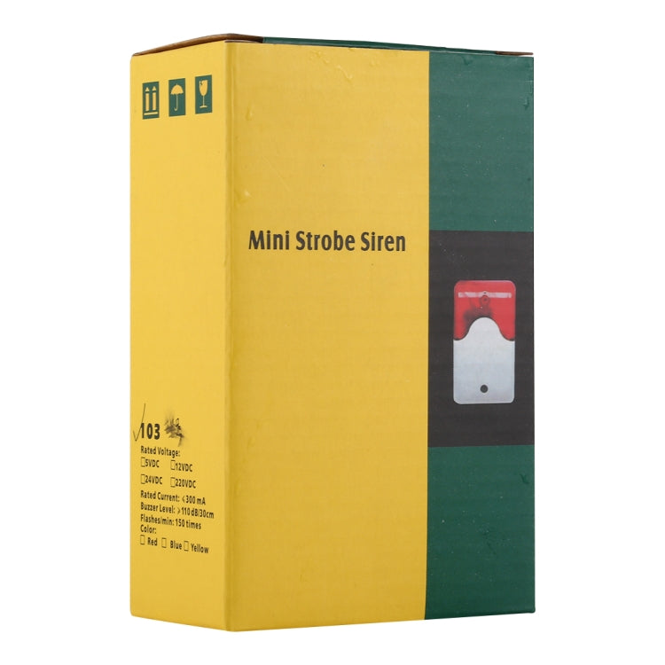 Mini strobe siren alarm system retail box with product photo and label