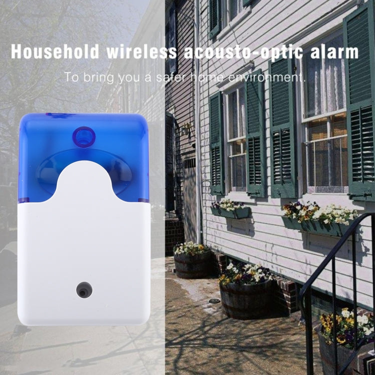 Mini strobe siren alarm system, blue and white housing with circular status opening