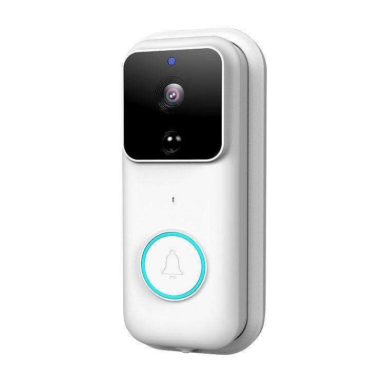 White smart WiFi video doorbell with camera lens and glowing doorbell button ring