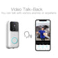 White smart doorbell with camera and doorbell button; live video call on phone