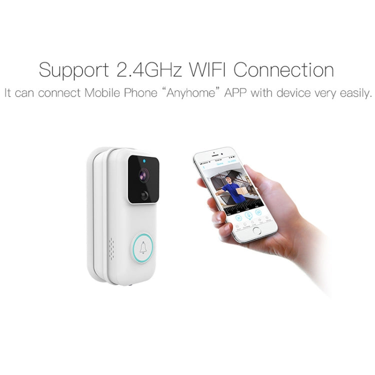 White smart doorbell with glowing button; hand holds smartphone displaying app