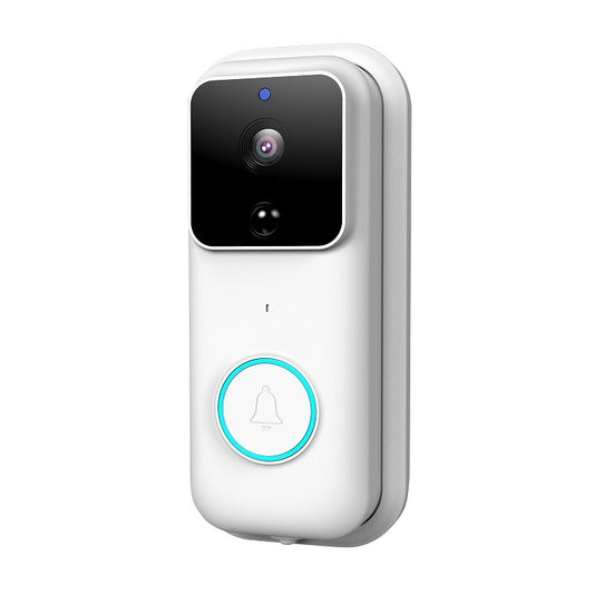 White smart WiFi video doorbell with camera lens and glowing doorbell button ring