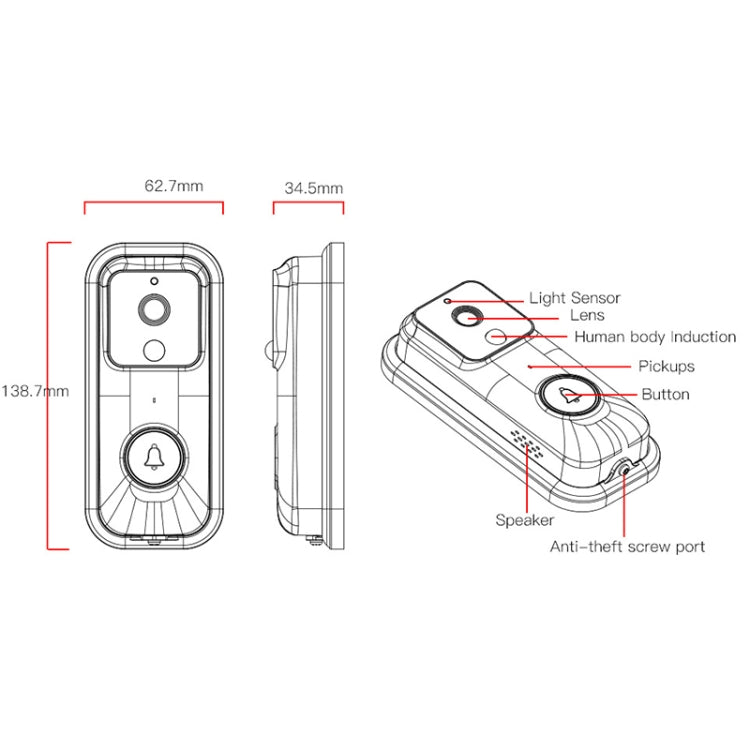 Smart WiFi doorbell size diagram with labeled lens, button, and speaker