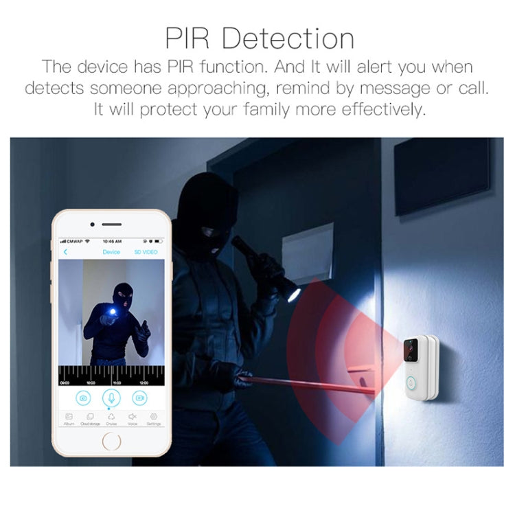 White smart doorbell with camera; PIR detection alert shown on phone app screen
