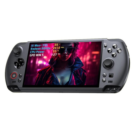 Dark gray handheld game console with 7-inch touchscreen and left-right control sticks