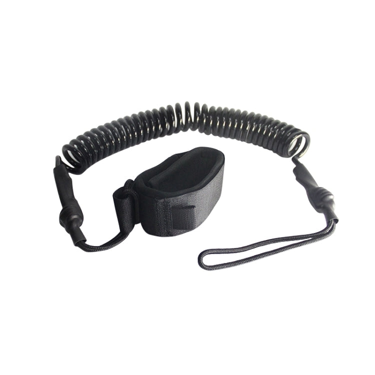 Windsurf safety foot leash with coiled elastic rope, padded strap, and line loop