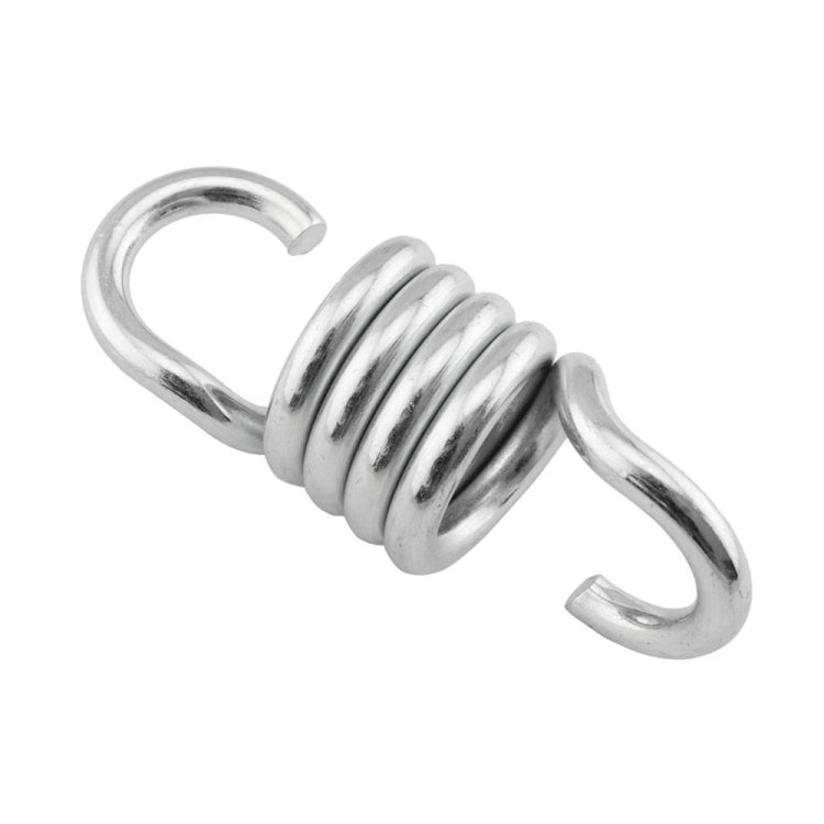Shiny metal hammock extension spring with two hook ends and tightly wound coils