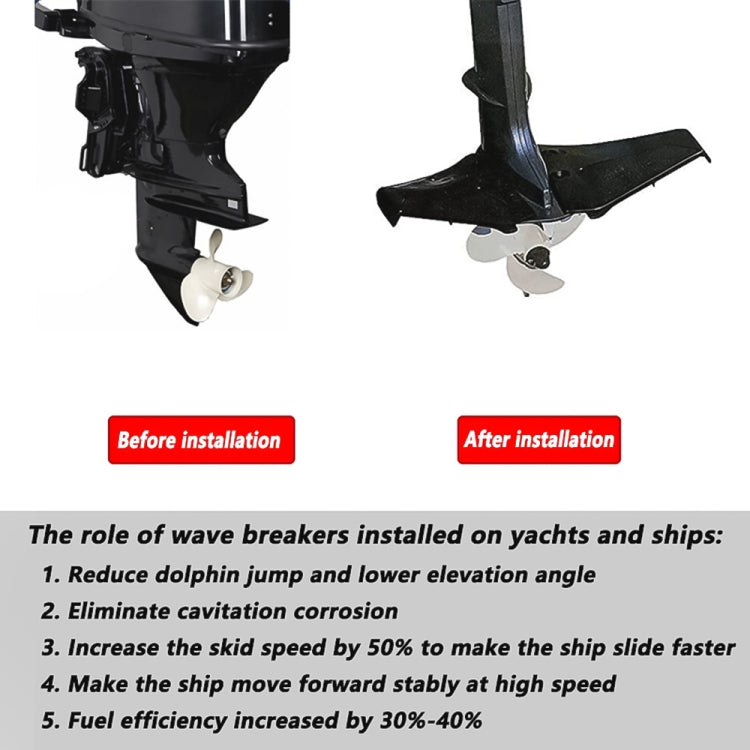 Wave breaker fins shown before and after installation on an outboard motor