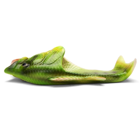 Green fish-style slip-on sandals with open mouth front and low flat EVA sole