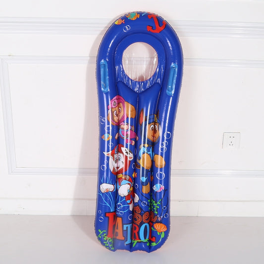 Blue inflatable surfboard float with cartoon characters and front oval ring