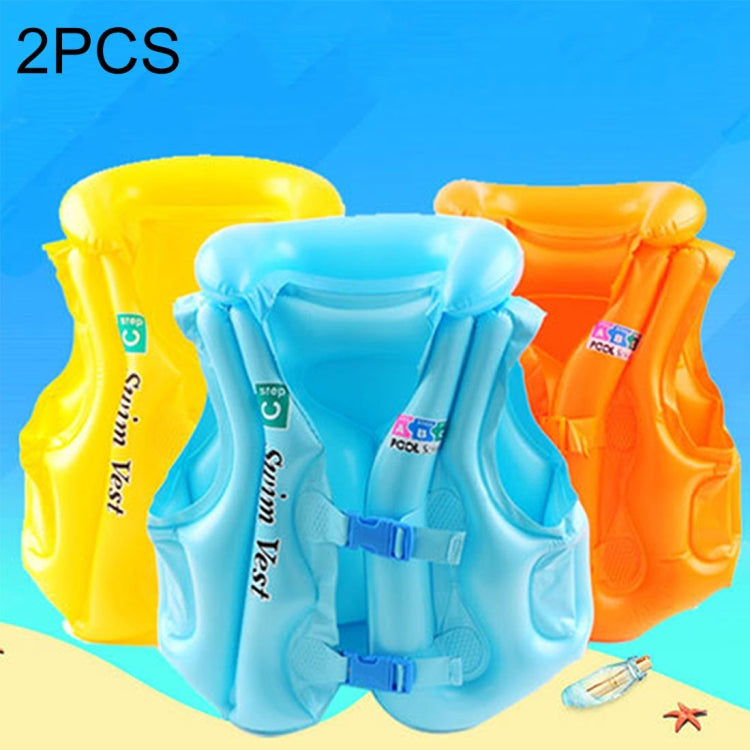 Two-pack kids inflatable life jacket swim vest, yellow, blue, and orange with arm floats