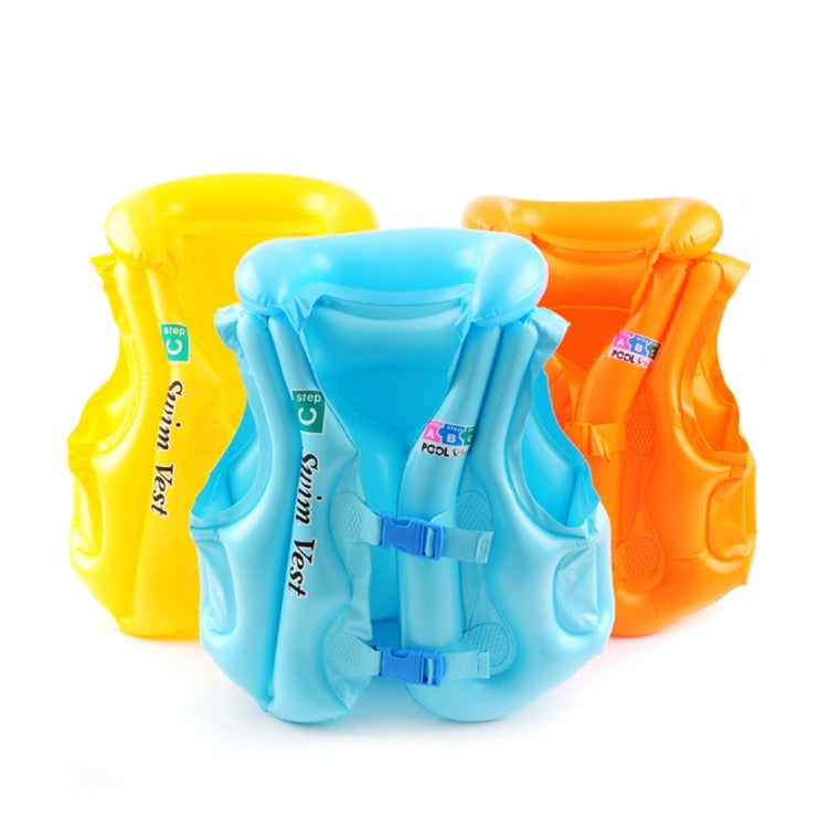 Kids inflatable life jacket swim vest set, blue front with yellow and orange side floats