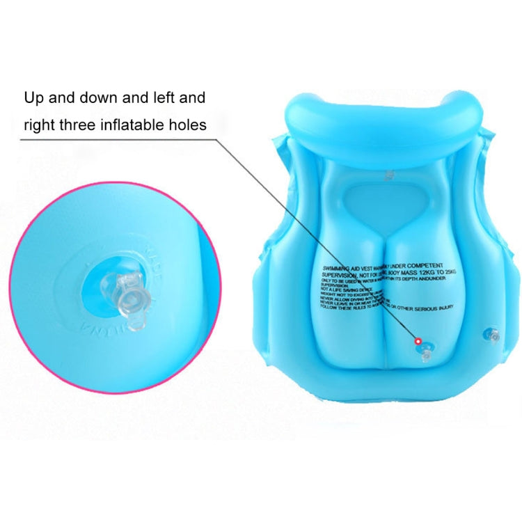 Blue inflatable life jacket vest with three inflatable air chambers and valve detail