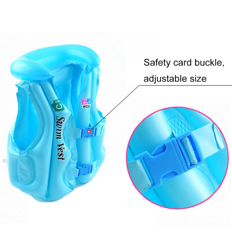 Blue inflatable life jacket with safety card buckle and adjustable size strap detail