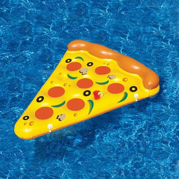 Inflatable pizza slice pool float, yellow with colorful topping pattern and orange handles