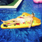 Inflatable pizza slice pool float with yellow top and orange edge, kids lounging