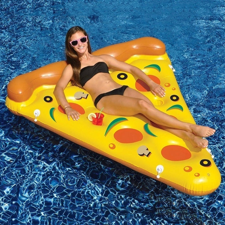 Inflatable pizza slice pool float with yellow deck and orange rim, woman relaxing on top