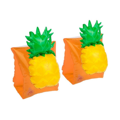 Pair of pineapple-shaped orange inflatable arm bands with green spiky tops