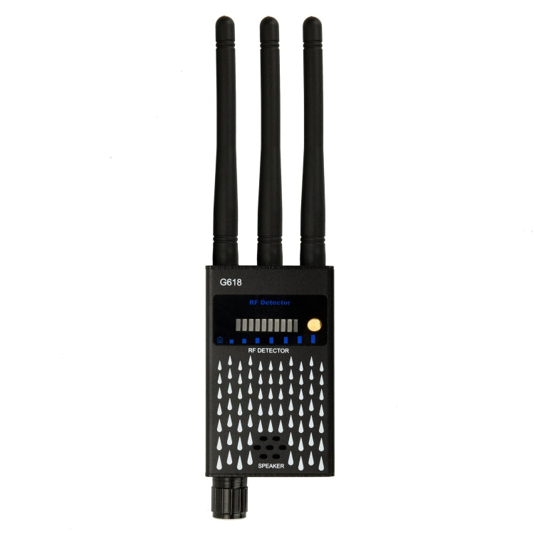 RF wireless signal detector with three black antennas and front RF indicator lights