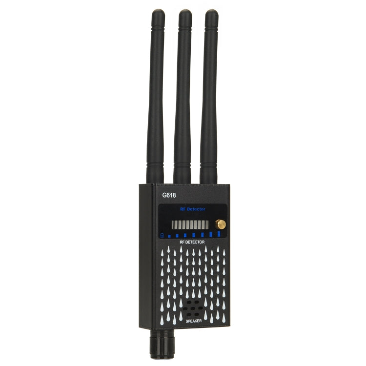 RF wireless signal detector with three black antennas and front speaker grille