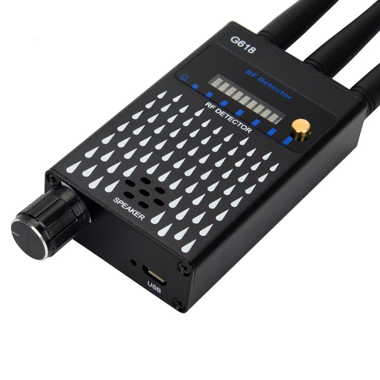 Handheld RF signal detector with three antennas, USB port, and LED indicator