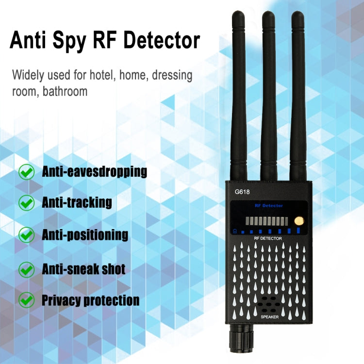 Anti-spy RF detector device with three antennas and front RF indicator panel