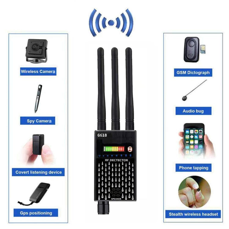 RF signal detector with three black antennas and LED bar display