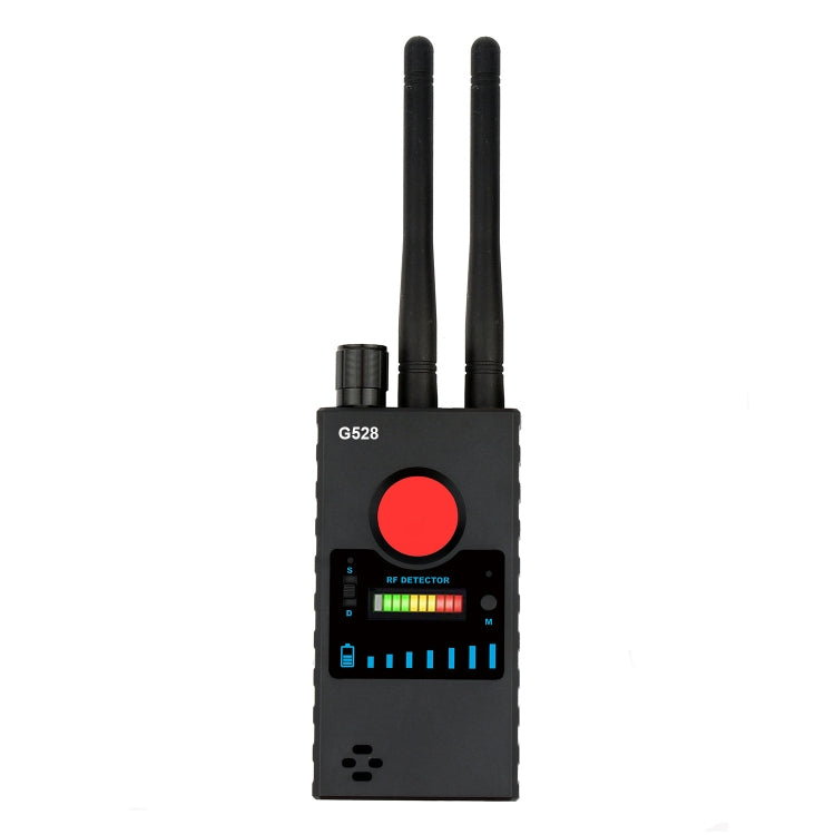Wireless signal detector with two black antennas and red button display