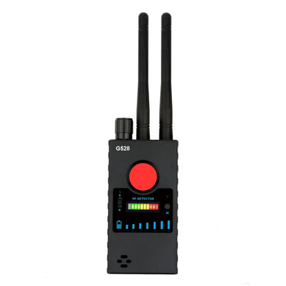 Wireless signal detector with two black antennas and red button display