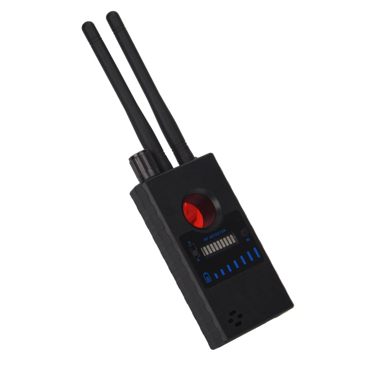 Handheld RF detector device with two antennas, red circular alert button